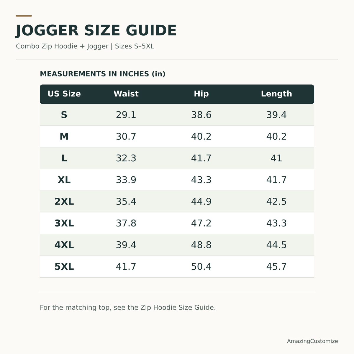 AmazingCustomize Jogger Size Guide S–5XL