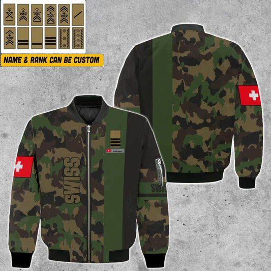 Personalisierte Bomberjacke mit Schweizer Soldaten-/Veteranen-Tarnmuster und Namen und Rang, 3D-Druck – 0903230005
