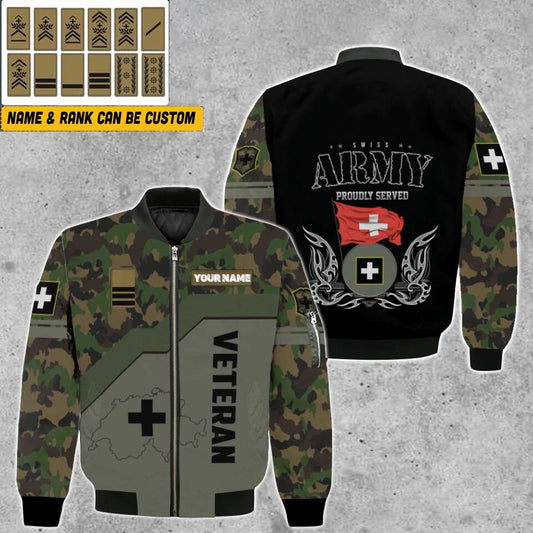 Personalisierte Bomberjacke mit Schweizer Soldaten-/Veteranen-Tarnmuster und Namen und Rang, 3D-Druck – 0501230003