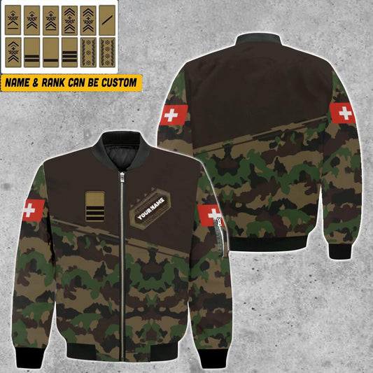 Personalisierte Bomberjacke mit Schweizer Soldaten-/Veteranen-Tarnmuster und Namen und Rang, 3D-Druck – 1701230004