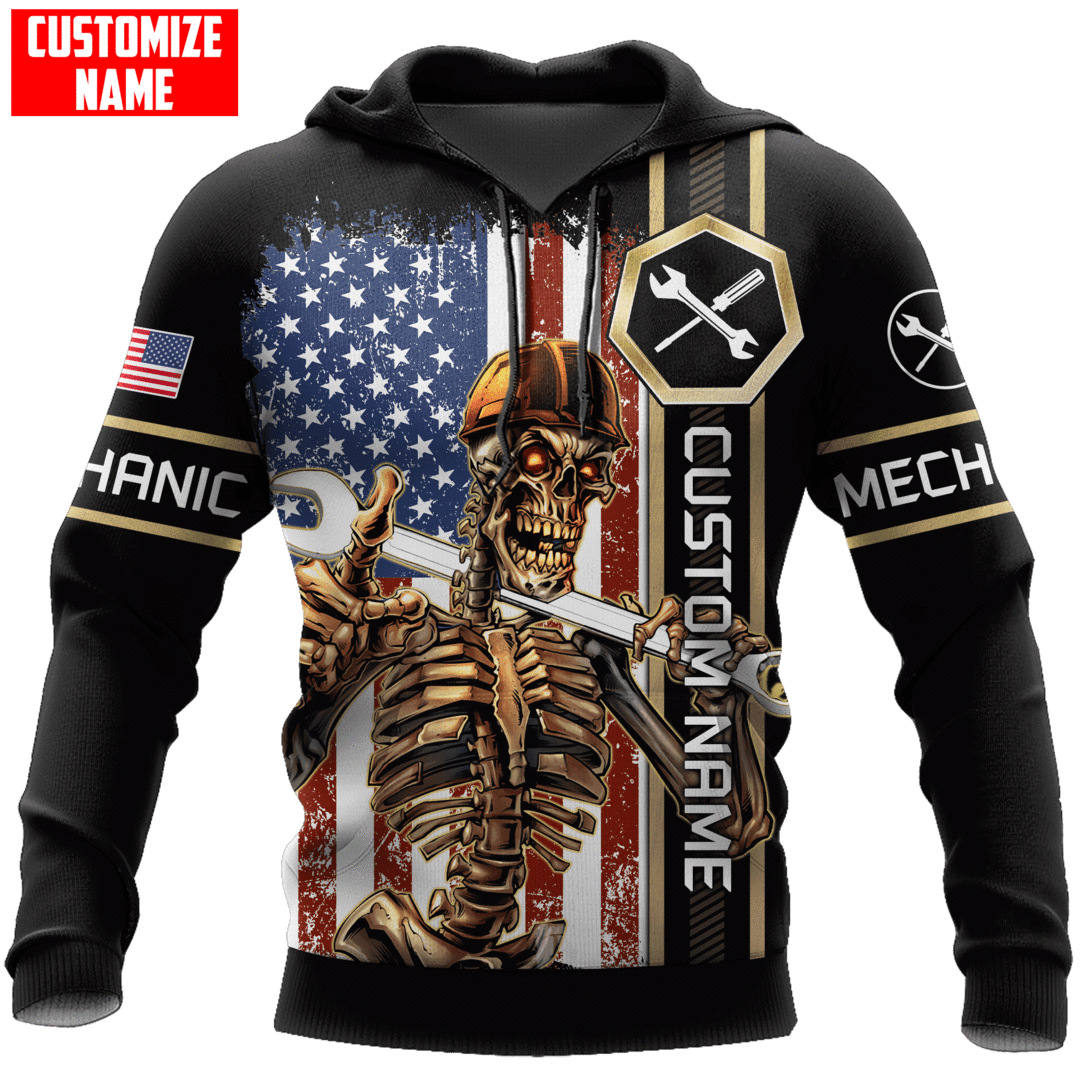 Personalized Name Funny Mechanic 3D Unisex Shirts American Flag Skeleton Wrench