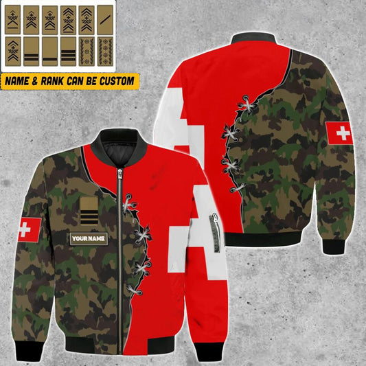 Personalisierte Bomberjacke mit Schweizer Soldaten-/Veteranen-Tarnmuster und Namen und Rang, 3D-Druck – 1701230001