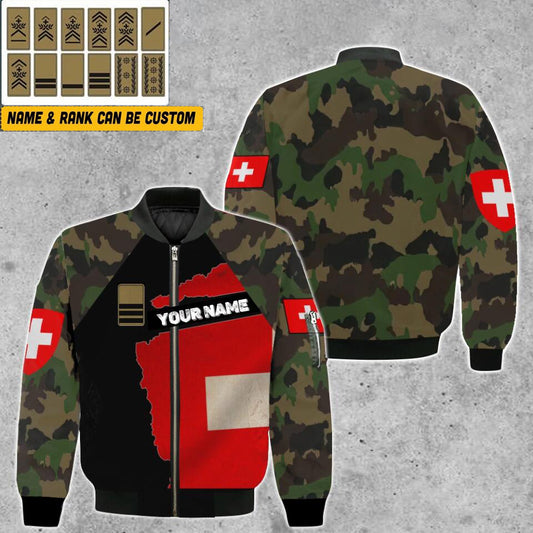 Personalisierte Bomberjacke mit Schweizer Soldaten-/Veteranen-Tarnmuster und Namen und Rang, 3D-Druck – 1303230001