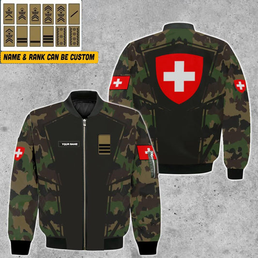 Personalisierte Bomberjacke mit Schweizer Soldaten-/Veteranen-Tarnmuster und Namen und Rang, 3D-Druck – 1403230001