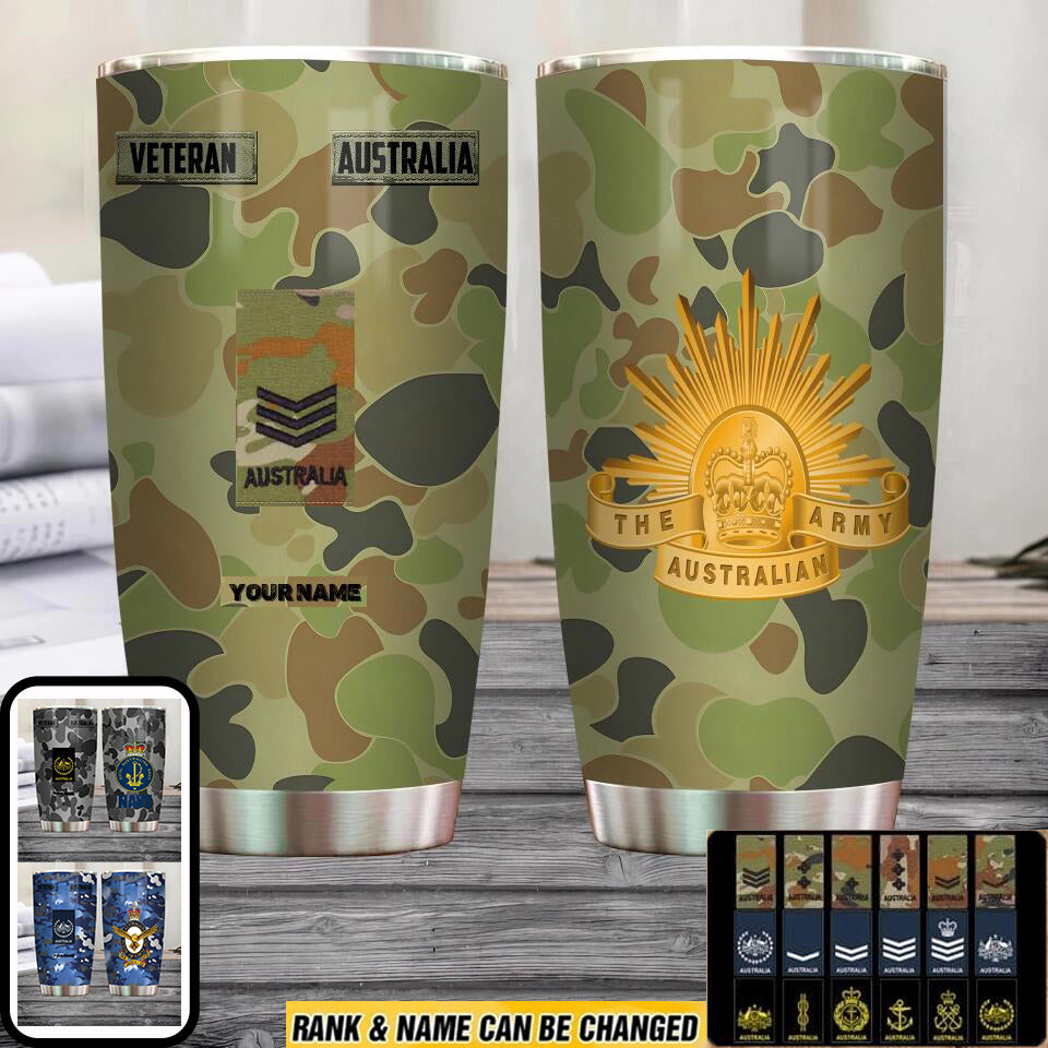 Verre personnalisé à motif camouflage pour vétéran/soldat australien avec rang et nom, imprimé sur toute la surface 0302240004