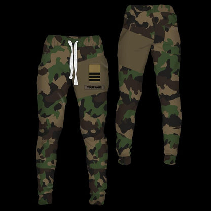Personalisierte Jogginghose mit Schweizer Soldaten-/Veteranen-Tarnmuster und Namen und Rang, 3D-Druck – 1811230001
