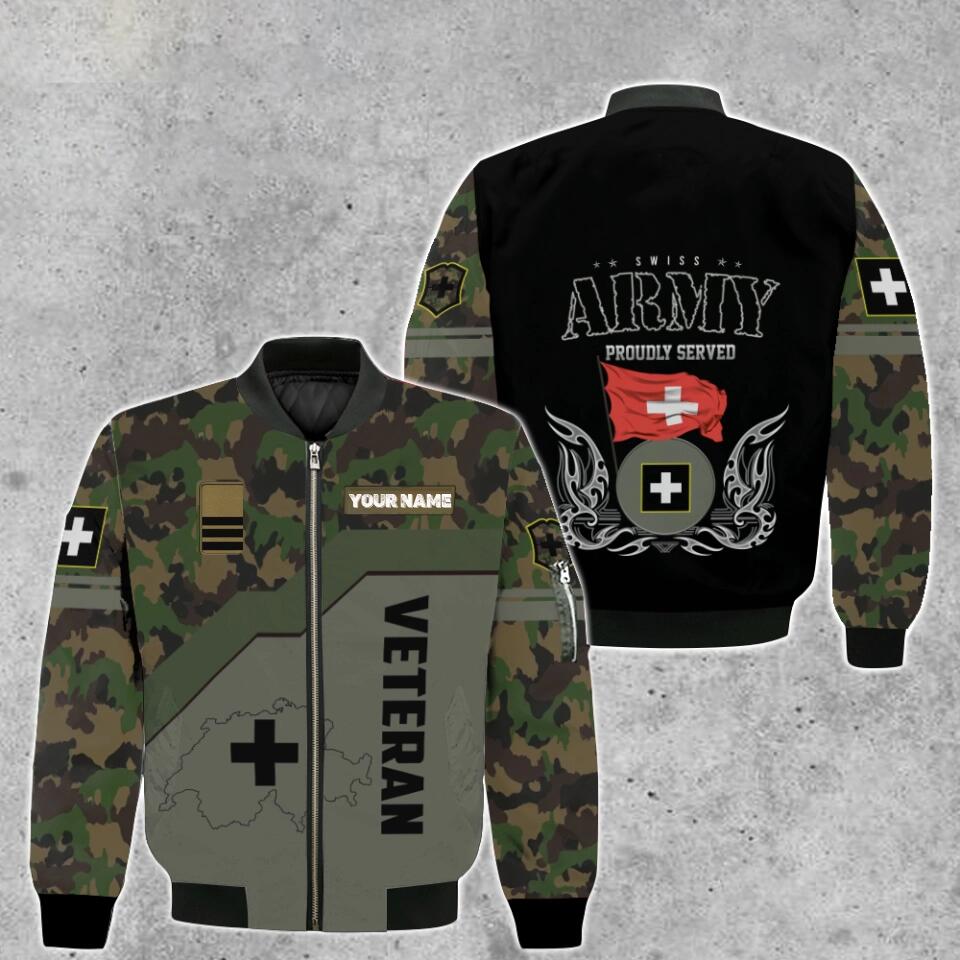 Personalisierte Bomberjacke mit Schweizer Soldaten-/Veteranen-Tarnmuster und Namen und Rang, 3D-Druck – 0501230003