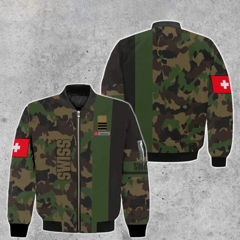 Personalisierte Bomberjacke mit Schweizer Soldaten-/Veteranen-Tarnmuster und Namen und Rang, 3D-Druck – 0903230005