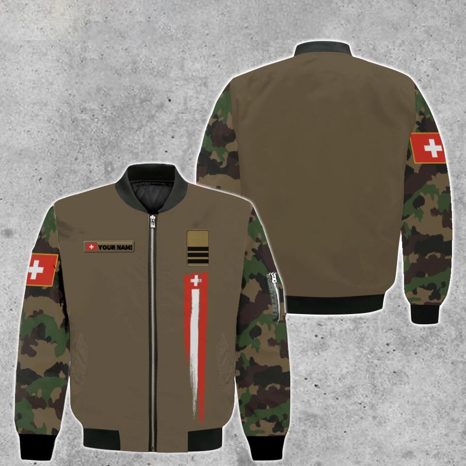 Personalisierte Bomberjacke mit Schweizer Soldaten-/Veteranen-Tarnmuster und Namen und Rang, 3D-Druck – 0903230001