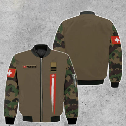 Personalisierte Bomberjacke mit Schweizer Soldaten-/Veteranen-Tarnmuster und Namen und Rang, 3D-Druck – 0903230001