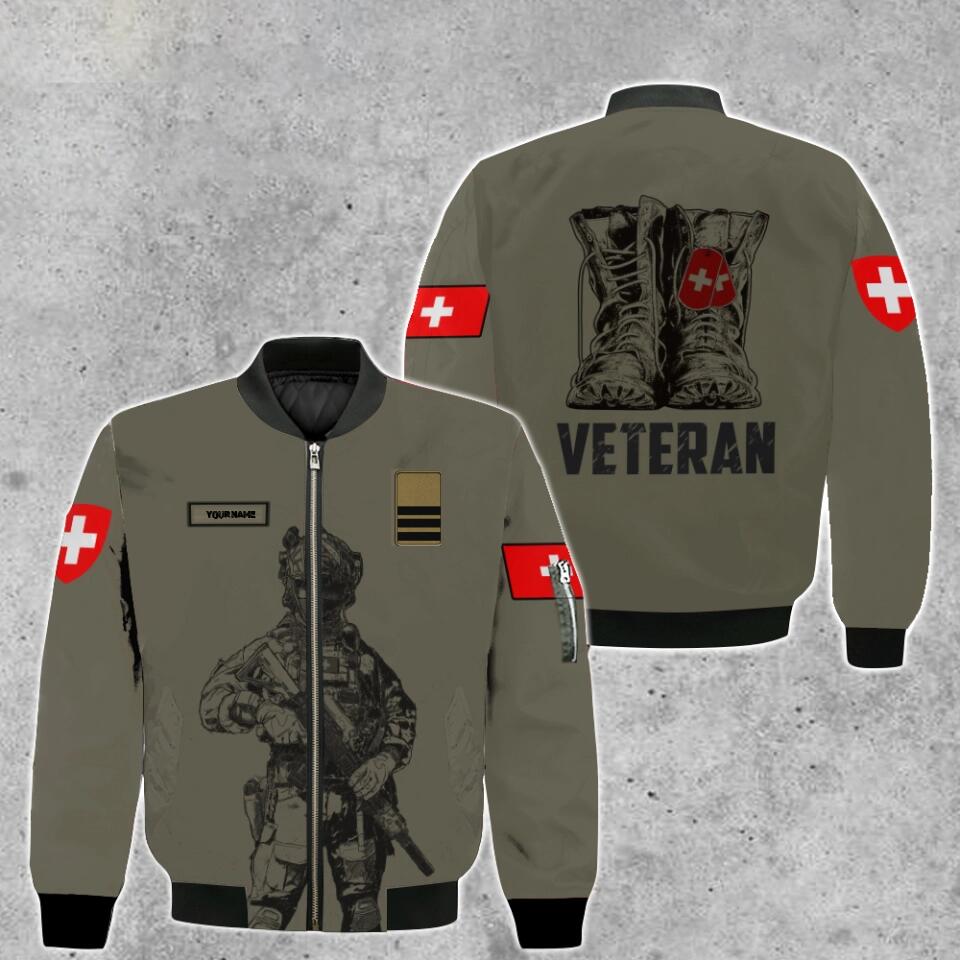 Personalisierte Bomberjacke mit Schweizer Soldaten-/Veteranen-Tarnmuster und Namen und Rang, 3D-Druck – 0103230002