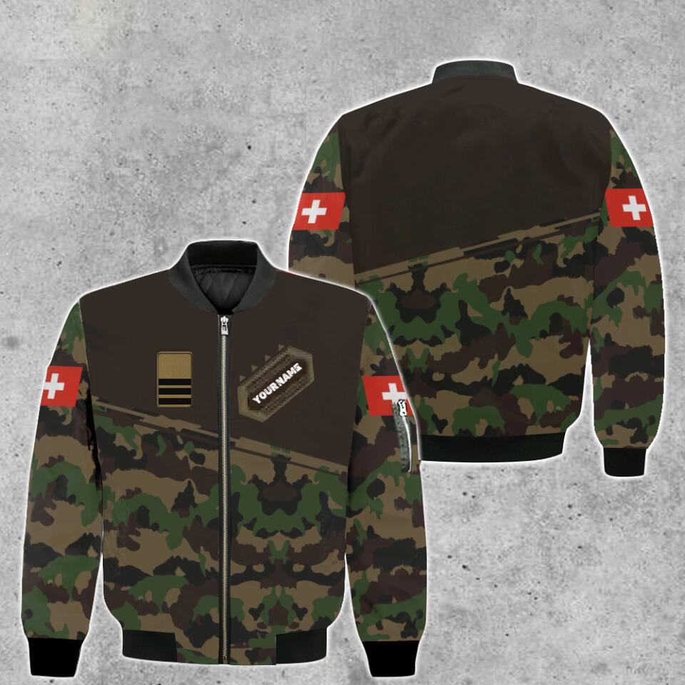 Personalisierte Bomberjacke mit Schweizer Soldaten-/Veteranen-Tarnmuster und Namen und Rang, 3D-Druck – 1701230004