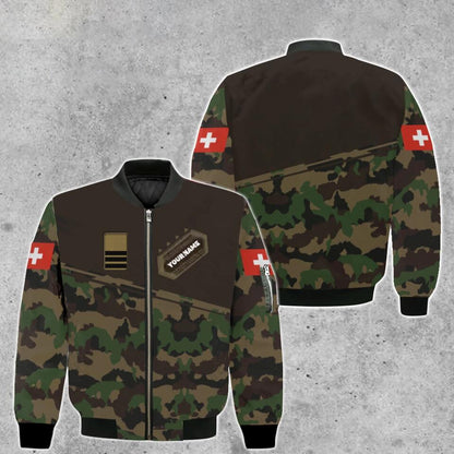 Personalisierte Bomberjacke mit Schweizer Soldaten-/Veteranen-Tarnmuster und Namen und Rang, 3D-Druck – 1701230004