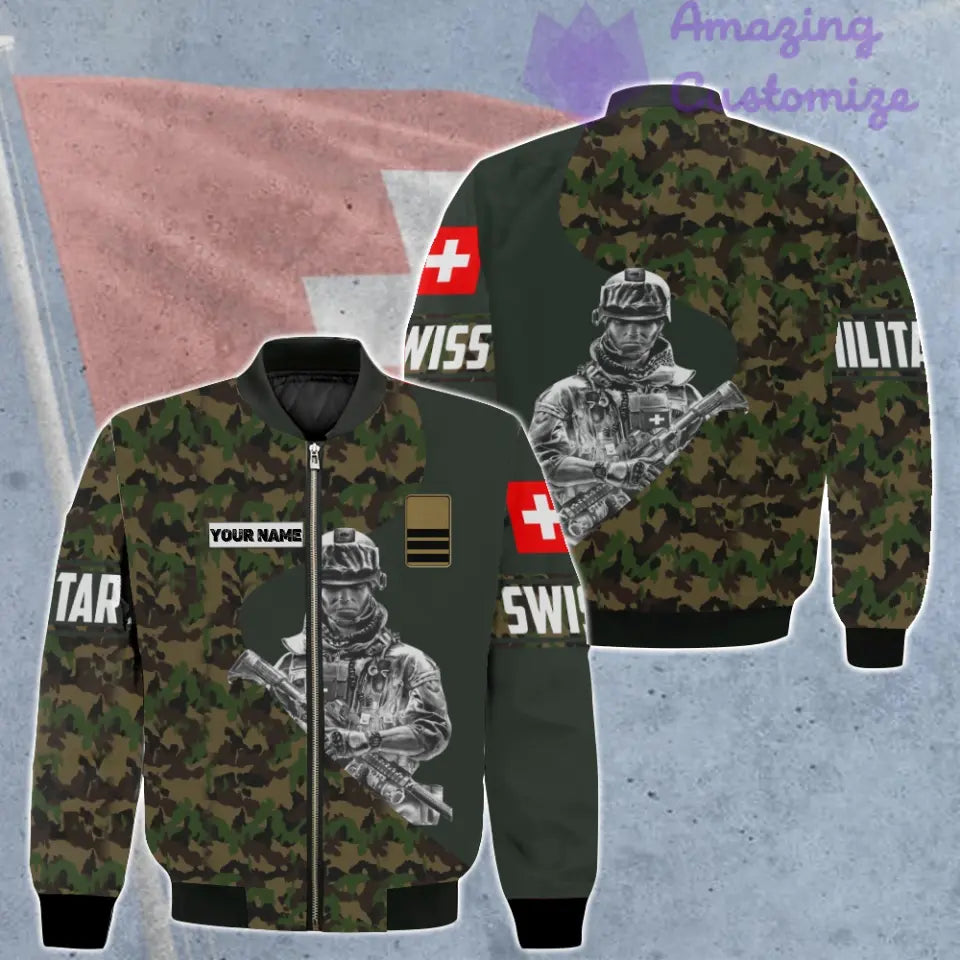 Personalisierte Bomberjacke mit Schweizer Soldaten-/Veteranen-Tarnmuster und Namen und Rang, 3D-Druck – 0606230001
