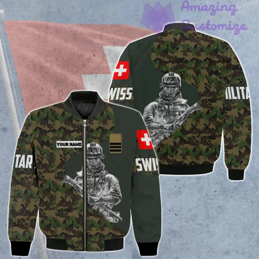 Personalisierte Bomberjacke mit Schweizer Soldaten-/Veteranen-Tarnmuster und Namen und Rang, 3D-Druck – 0606230001
