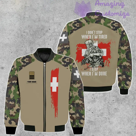 Personalisierte Bomberjacke mit Schweizer Soldaten-/Veteranen-Tarnmuster und Namen und Rang, 3D-Druck – 2106230001