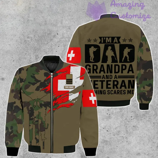 Personalisierte Bomberjacke mit Schweizer Soldaten-/Veteranen-Tarnmuster und Namen und Rang, 3D-Druck – 2207230001