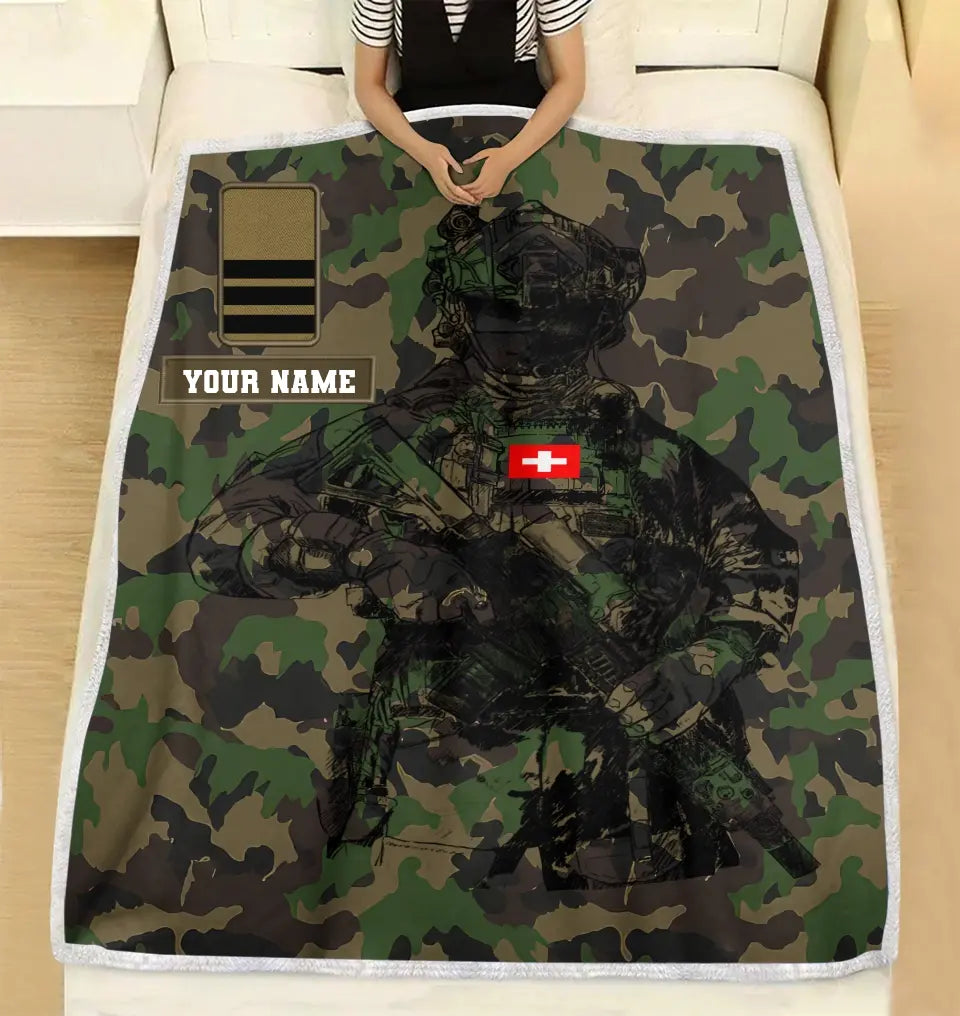 Personalized Swiss Solider/ Veteran Camo With Name And Rank Fleece Blanket 3D Printed - 17229024