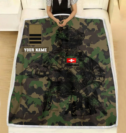 Personalized Swiss Solider/ Veteran Camo With Name And Rank Fleece Blanket 3D Printed - 17229024
