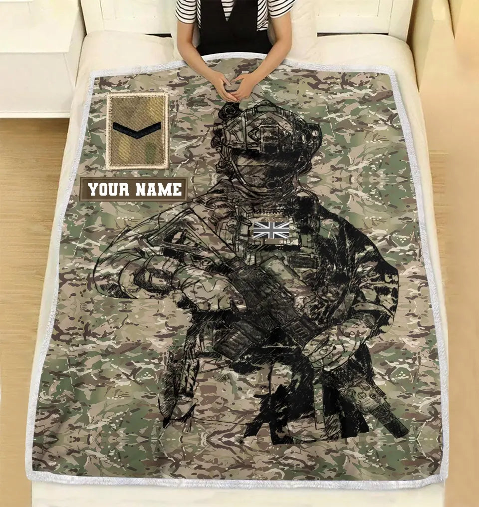 Personalized UK Solider/ Veteran Camo With Name And Rank Fleece Blanket 3D Printed - 17229024