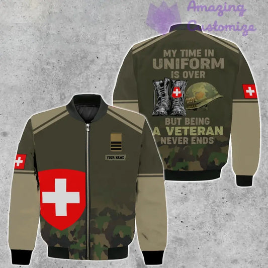 Personalisierte Bomberjacke mit Schweizer Soldaten-/Veteranen-Tarnmuster und Namen und Rang, 3D-Druck – 1508230001