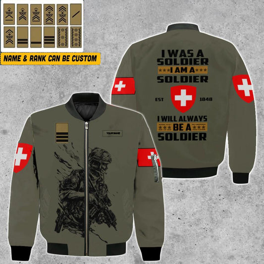 Personalisierte Bomberjacke mit Schweizer Soldaten-/Veteranen-Tarnmuster und Namen und Rang, 3D-Druck – 0103230003
