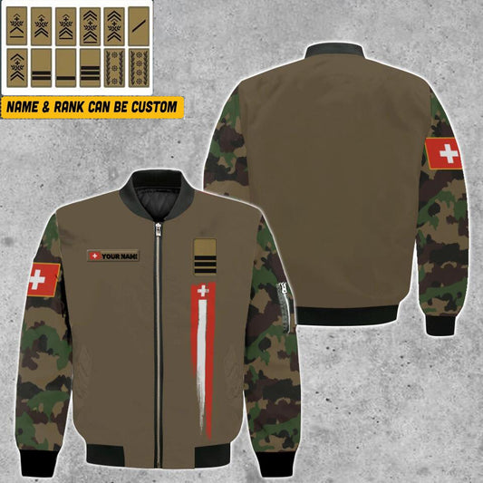 Personalisierte Bomberjacke mit Schweizer Soldaten-/Veteranen-Tarnmuster und Namen und Rang, 3D-Druck – 0903230001