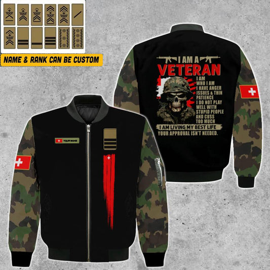 Personalisierte Bomberjacke mit Schweizer Soldaten-/Veteranen-Tarnmuster und Namen und Rang, 3D-Druck – 0903230002