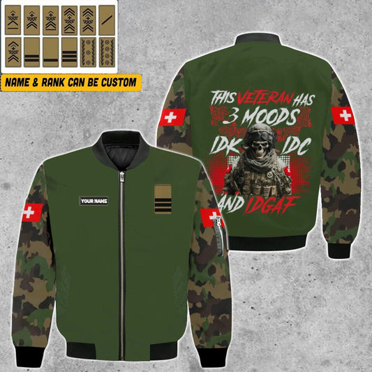Personalisierte Bomberjacke mit Schweizer Soldaten-/Veteranen-Tarnmuster und Namen und Rang, 3D-Druck – 0903230003