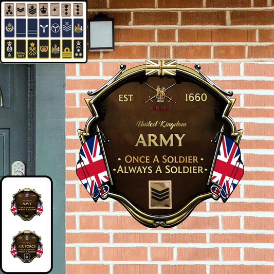 Personalized Rank United Kingdom Soldier/Veterans Camo Cut Metal Sign - 0102240003
