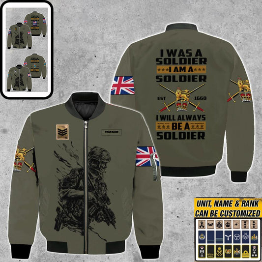 Personalized UK Solider/ Veteran Camo With Name And Rank Bomber Jacket 3D Printed - 0103230003